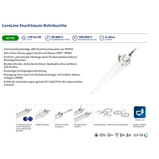 Philips CoreLine LED Feuchtraum Rohrleuchte WT210C LED70S/840 PSU TW1 PMMA L1500 54 7000 Lumen Ersatz für 2x58/2x49W 94736899